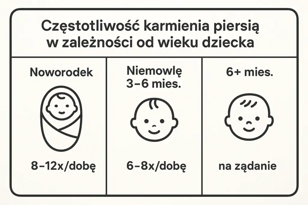 Infografika: jak często karmić piersią – zalecenia w zależności od wieku niemowlęcia.