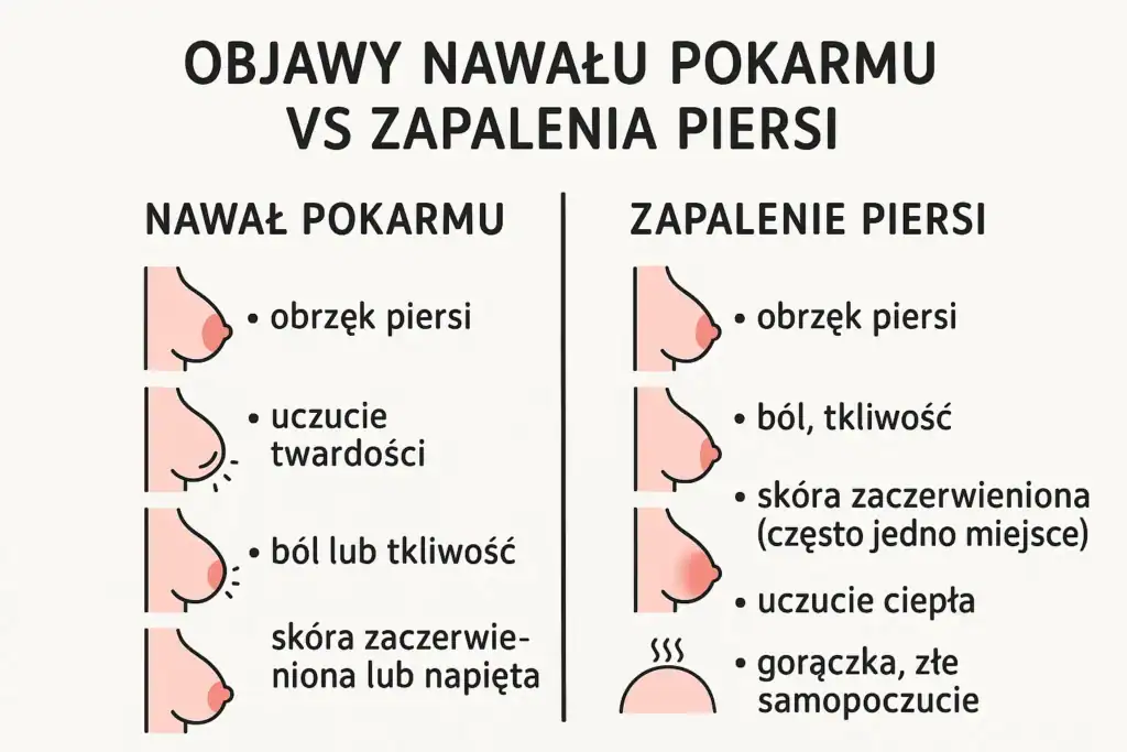 Porównanie objawów nawału pokarmu i zapalenia piersi u mamy karmiącej.