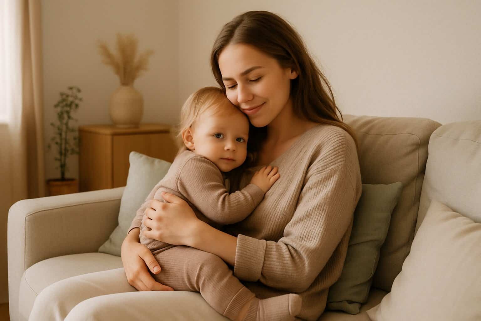 Mama przytula starsze niemowlę po zakończeniu karmienia piersią.