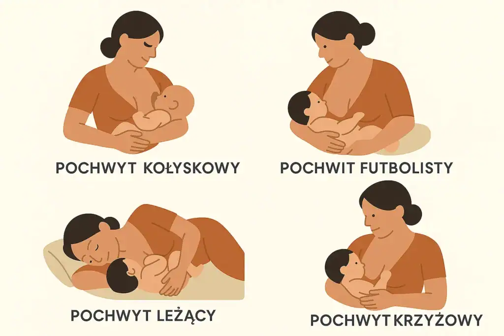 Różne pozycje do karmienia piersią – klasyczna, spod pachy, leżąca, kołyskowa.