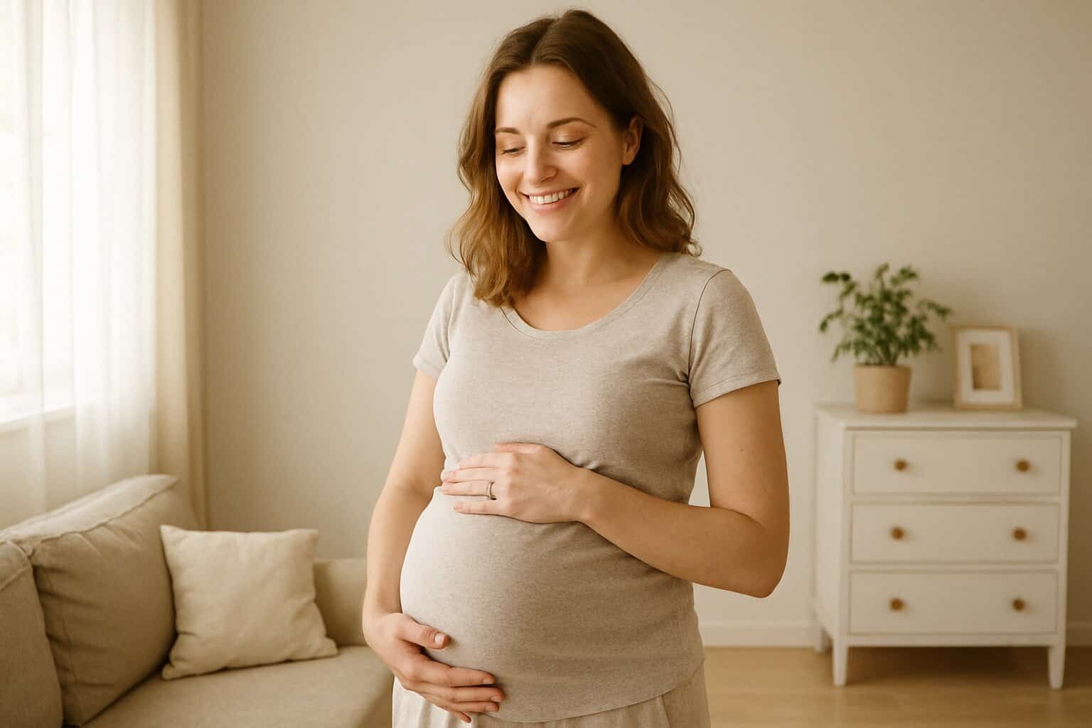 Kobieta w zaawansowanej ciąży trzymająca brzuch z uśmiechem, w domowym otoczeniu