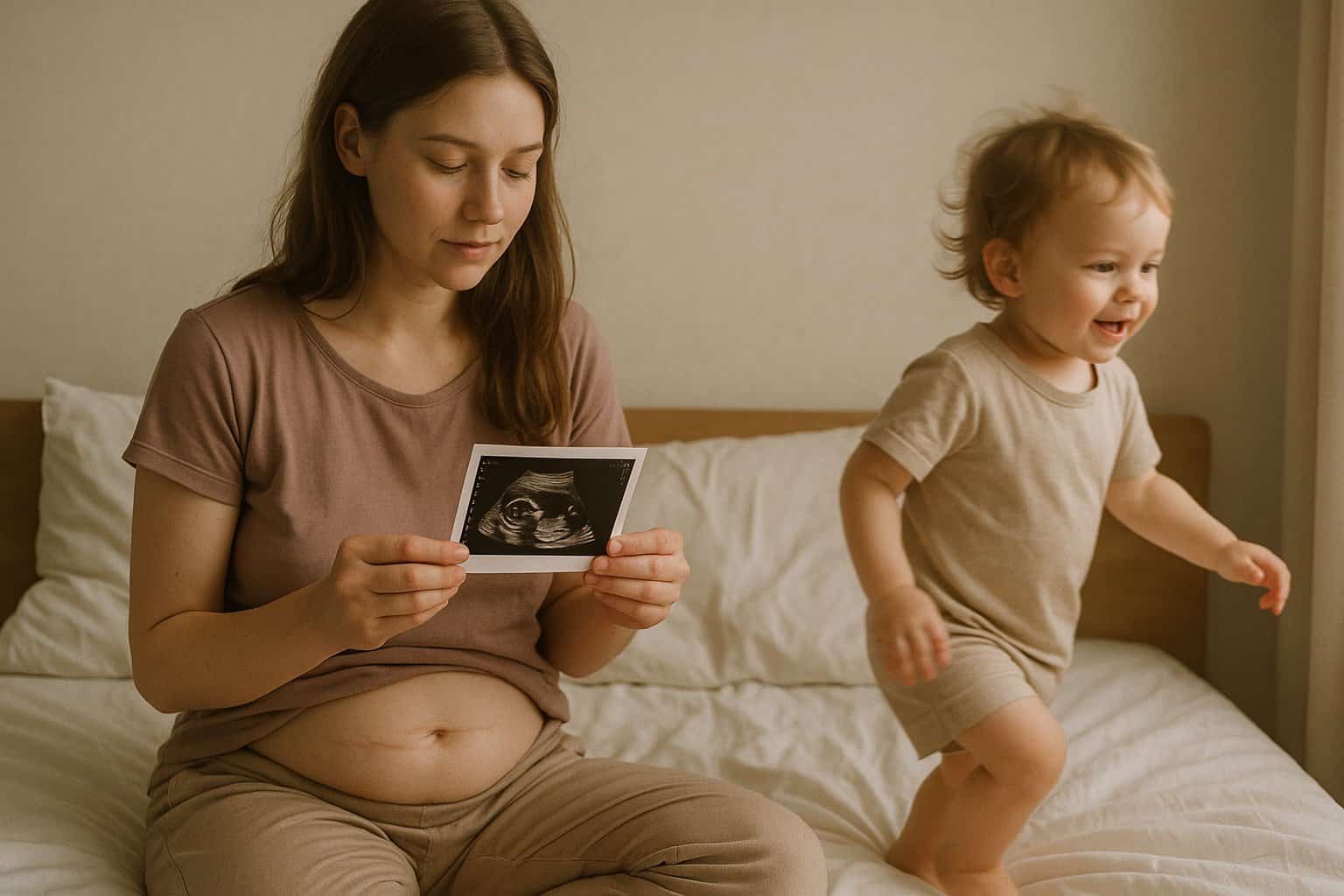 Mama po cesarce planująca kolejną ciążę, z dzieckiem i zdjęciem USG w dłoni