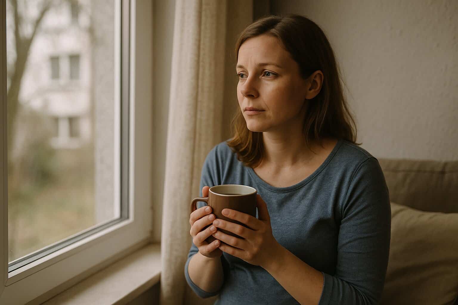 Kobieta planująca ciążę po poronieniu – spokojna scena przy oknie