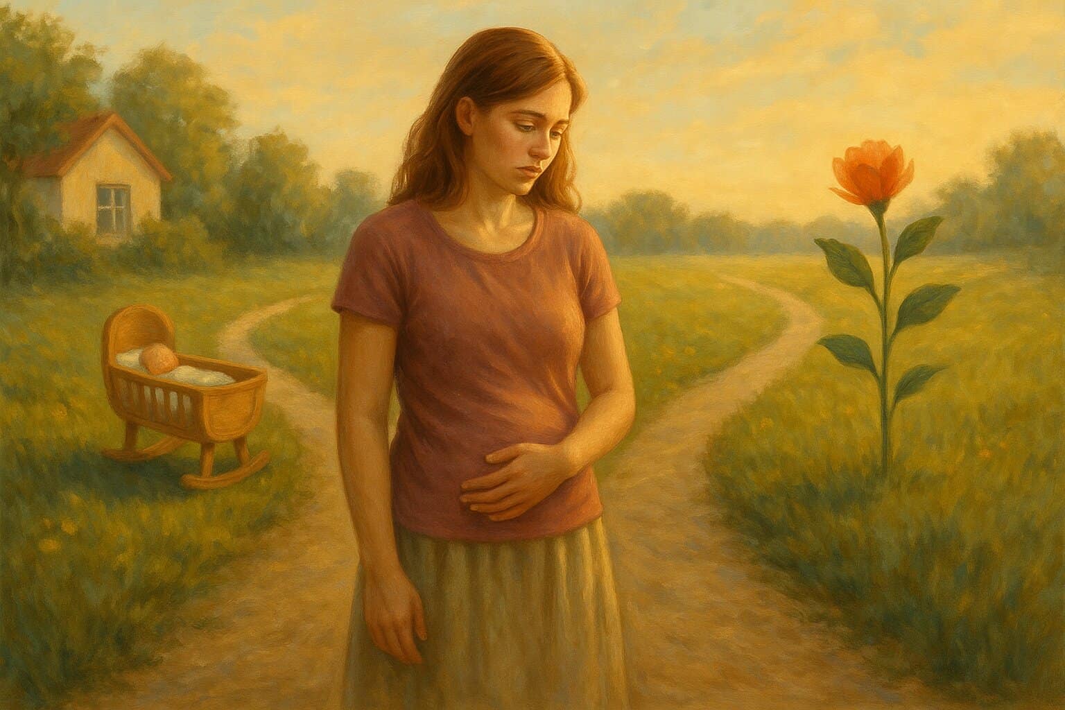 Symboliczna scena: kobieta na rozwidleniu dróg między kołyską a kwiatem – metafora wpływu karmienia piersią na płodność i planowanie ciąży.