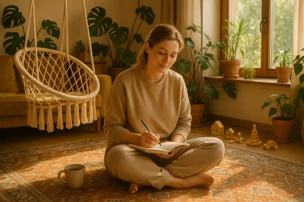 Mama po porodzie w przytulnym wnętrzu z dziennikiem i herbatą, w trakcie refleksji nad kolejną ciążą