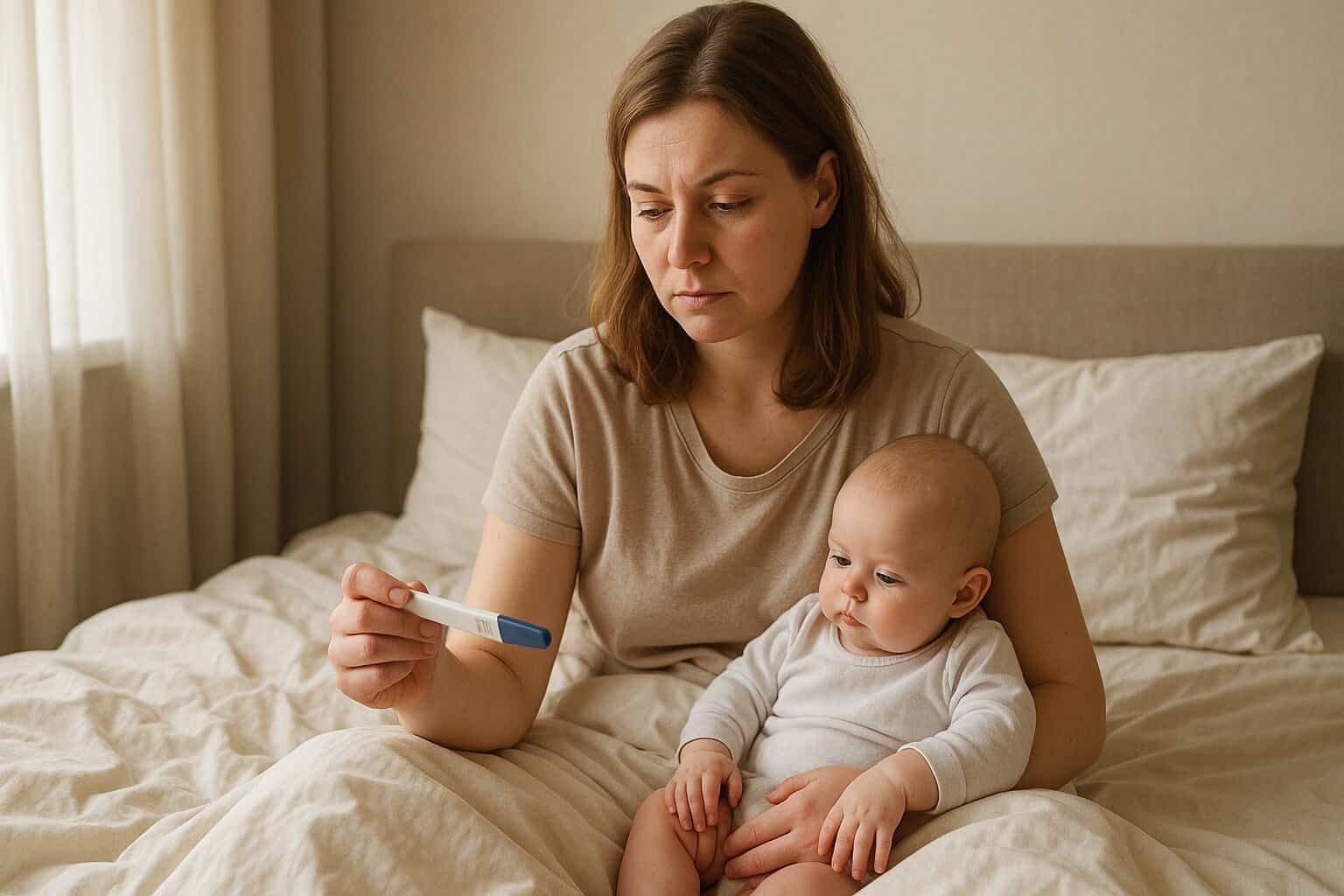 Mama z niemowlęciem i testem ciążowym – ilustracja do artykułu o ciąży w połogu