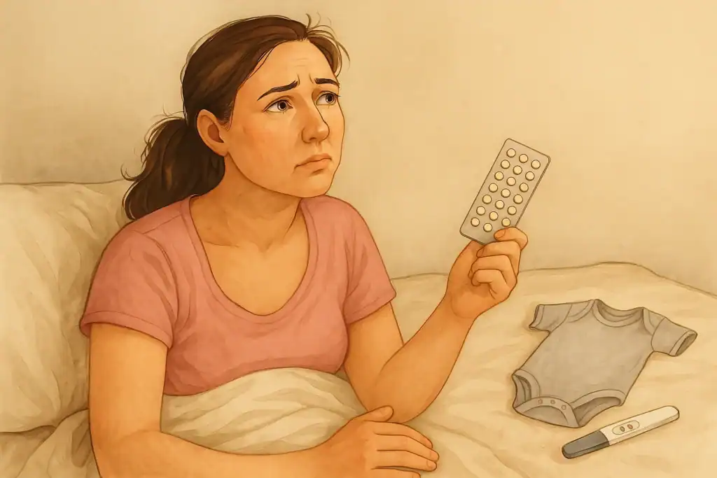 Mama po porodzie rozważająca antykoncepcję w połogu, obok test ciążowy i ubranko niemowlaka – ilustracja do refleksji w środku artykułu