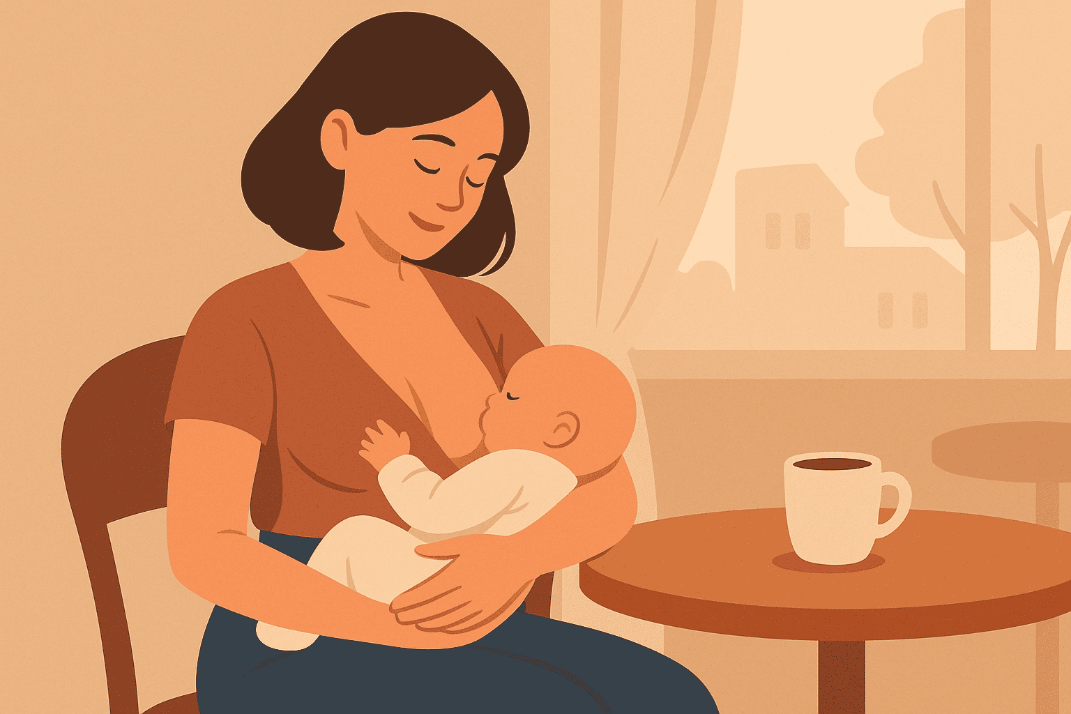 Mama karmiąca piersią niemowlę w kawiarni – spokojna, naturalna scena.