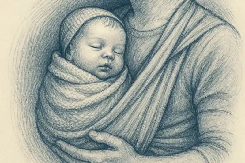 Rysunek noworodka owiniętego w kocyk, trzymanego w chuście przez mamę lub tatę – symbolizujący bezpieczeństwo i bliskość.