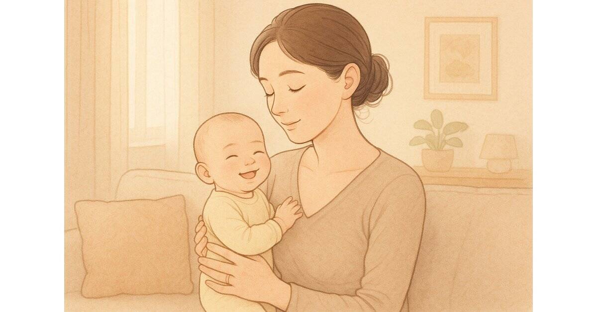 Mama trzymająca niemowlę w pozycji pionowej po karmieniu – domowy sposób na zmniejszenie ulewania