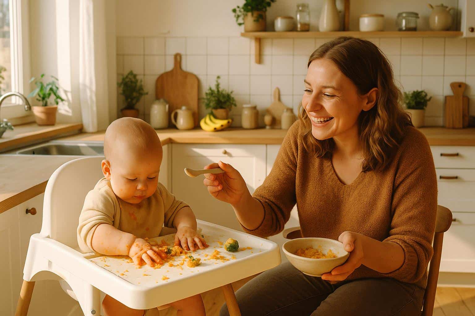 Mama próbuje nakarmić niemowlę, które odsuwa łyżeczkę z niezadowoleniem