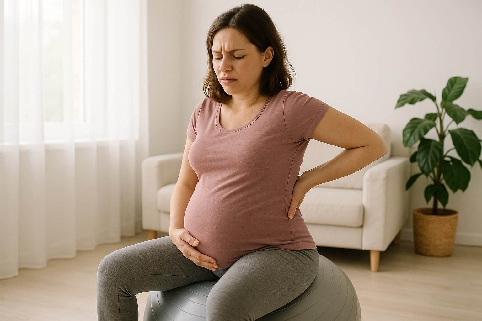 Kobieta w ciąży siedząca na piłce i trzymająca się za krzyż – ból pleców w trzecim trymestrze