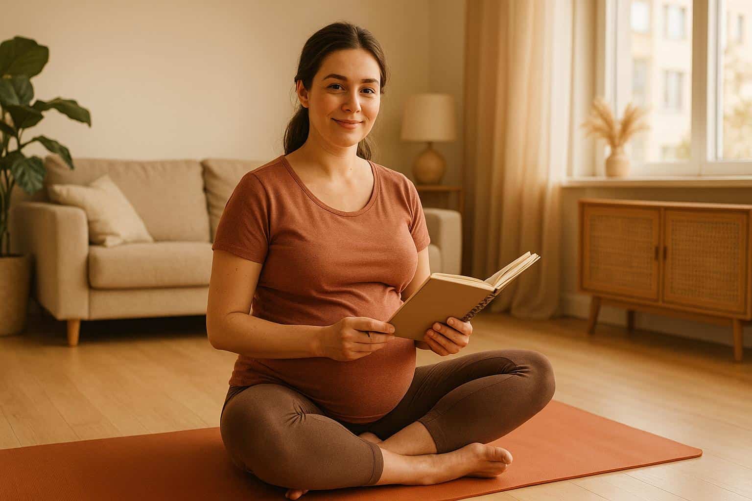 Kobieta w ciąży planująca poród z notatnikiem podczas ćwiczeń w domu