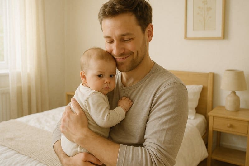 Rodzic tulący niemowlę w spokojnym otoczeniu – czułość i wsparcie w chwilach kolki.