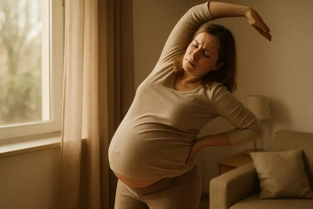 Kobieta w trzecim trymestrze wykonująca ćwiczenia rozciągające na ból krzyżowy