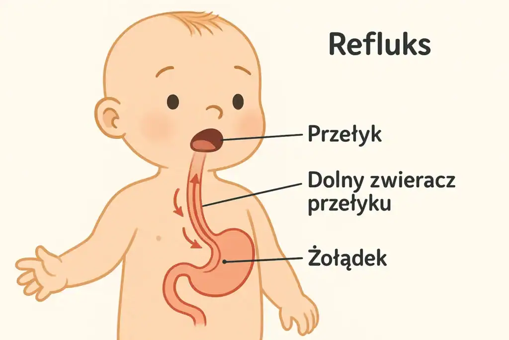 Schemat układu pokarmowego niemowlęcia z zaznaczonym zwieraczem przełyku – mechanizm ulewania