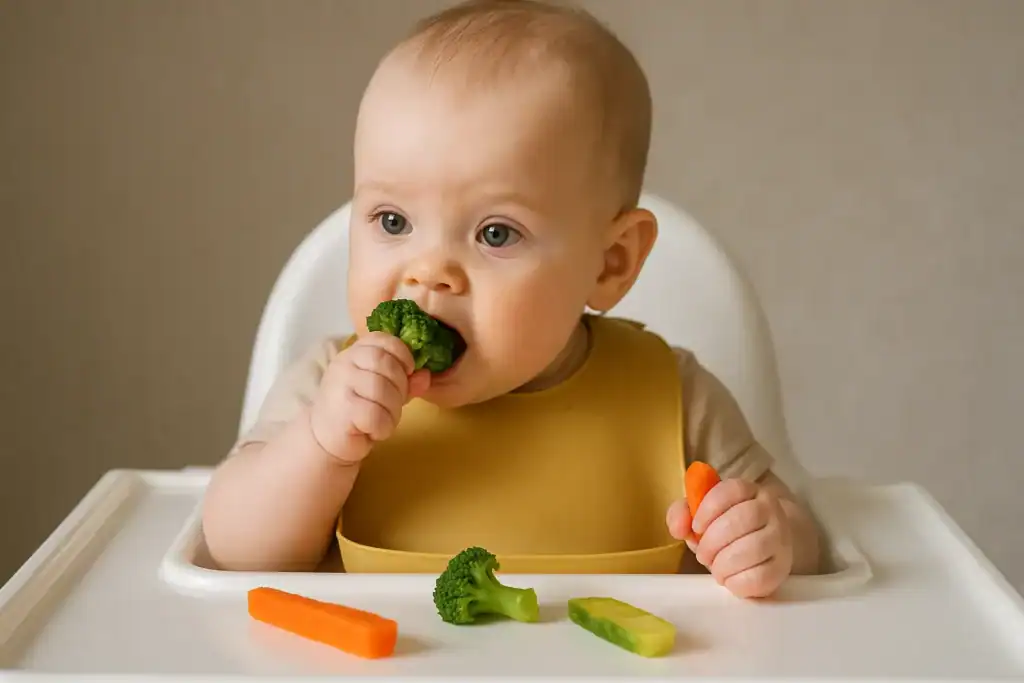 Niemowlę samodzielnie je warzywa metodą BLW, ubrane w śliniaczek.