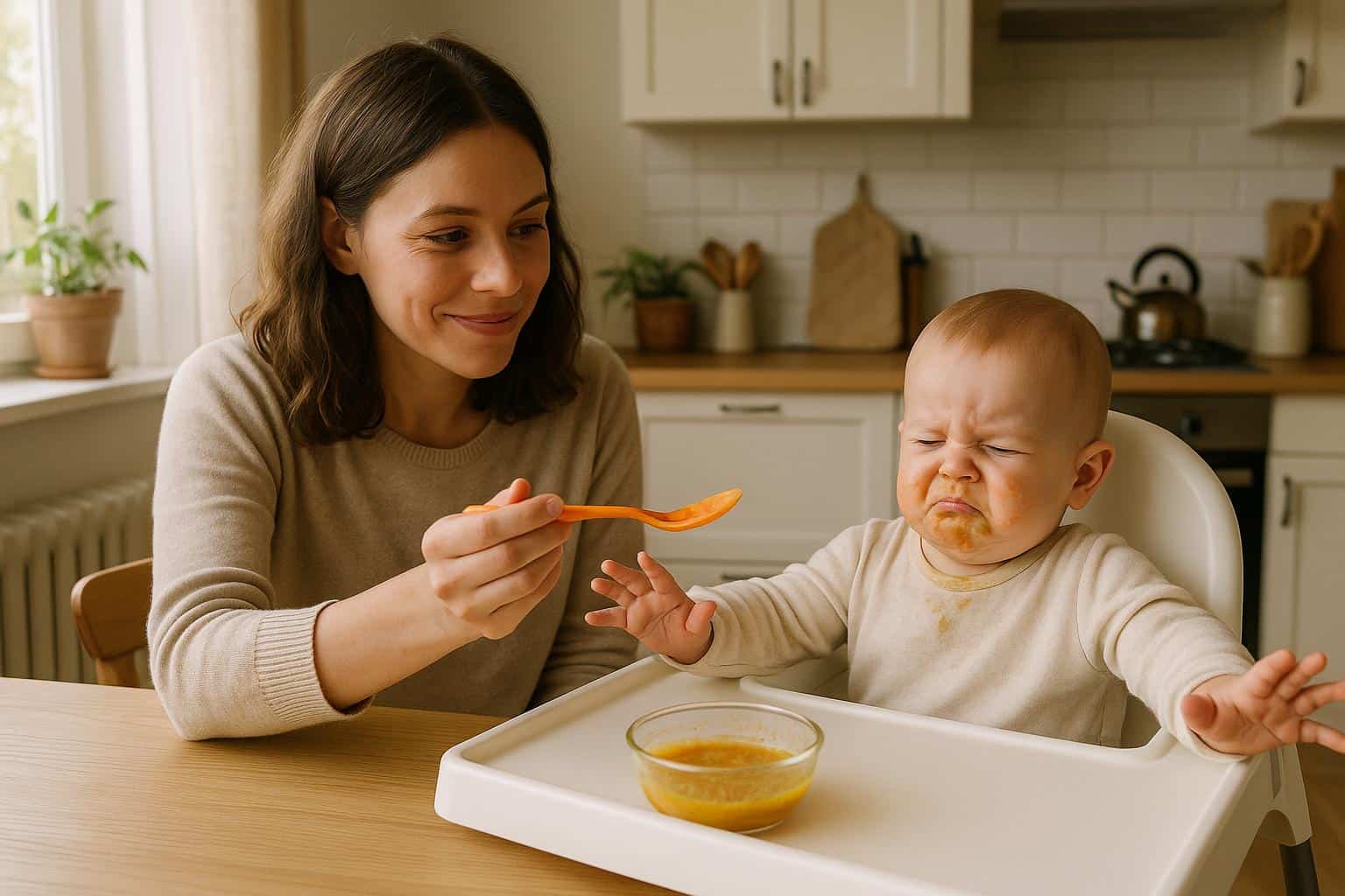 Mama próbuje nakarmić niemowlę, które odsuwa łyżeczkę z niezadowoleniem