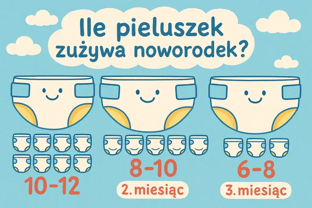 Infografika – średnie zużycie pieluszek u noworodka w pierwszych miesiącach życia.