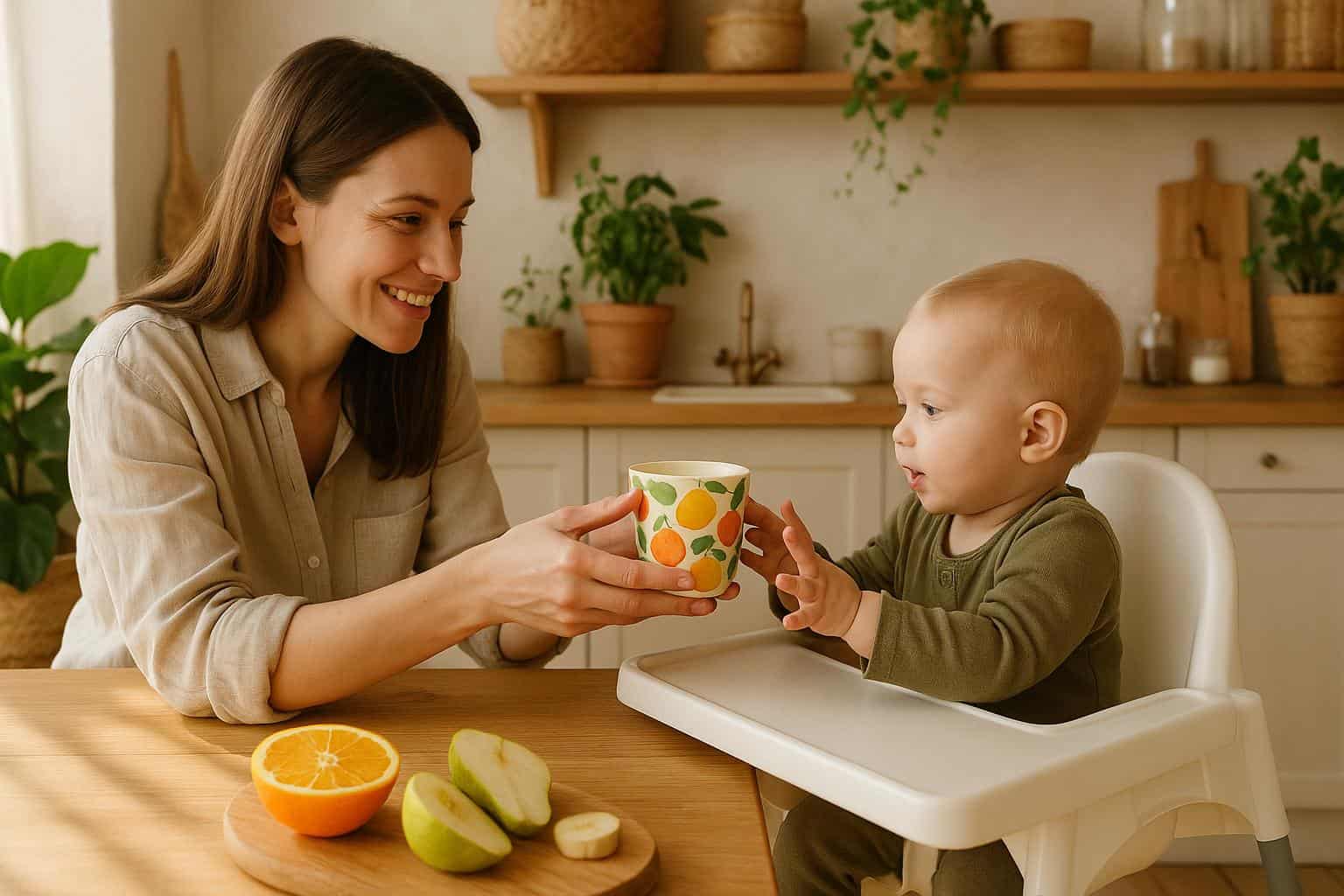 Mama podaje kubeczek z sokiem rocznemu dziecku siedzącemu w krzesełku