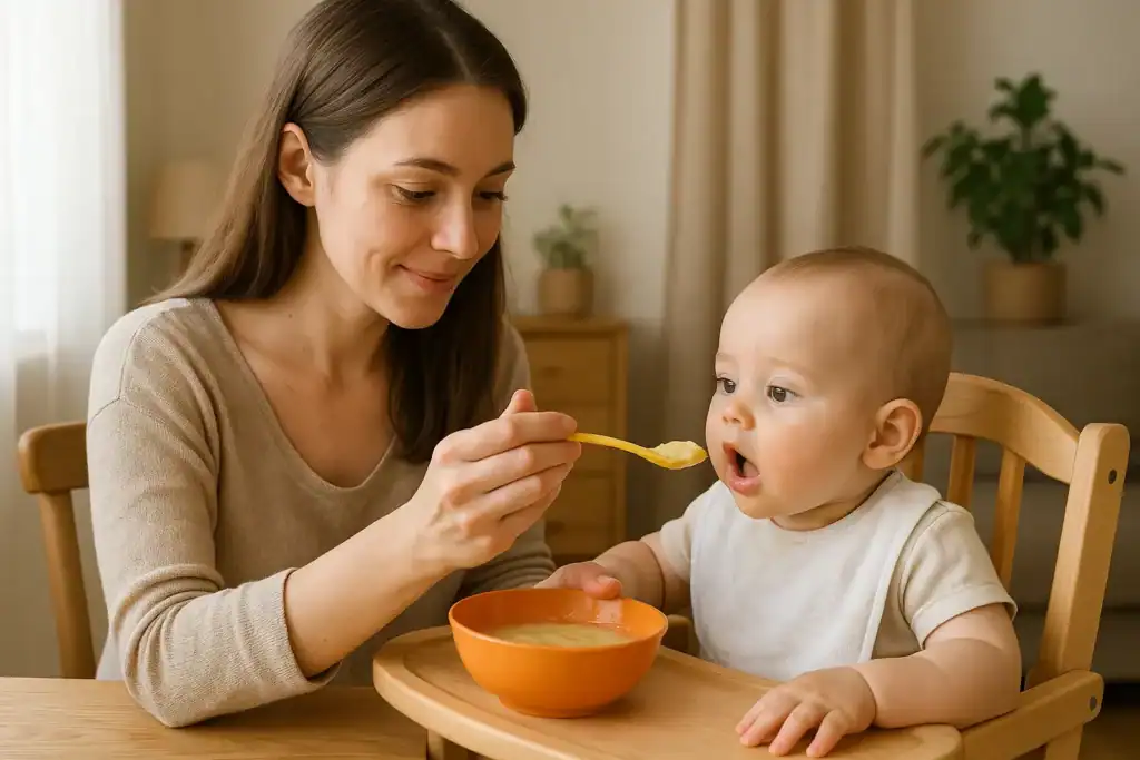 Mama karmi dziecko papką łyżeczką w spokojnym domowym otoczeniu.