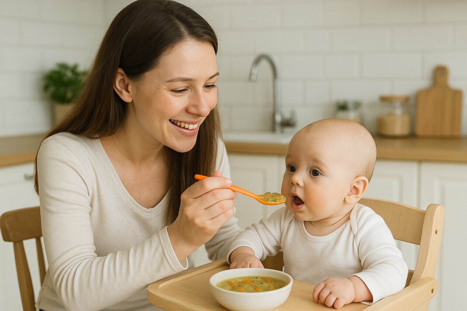 Mama podaje niemowlęciu domowy rosół bez soli – pierwszy raz Miejsce: Na początku artykułu