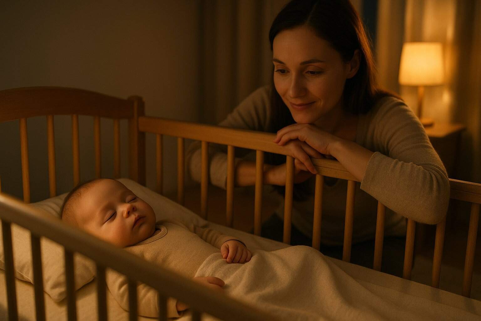 Mama czuwająca nad śpiącym niemowlakiem leżącym na pleckach, przy ciepłym świetle lampki.