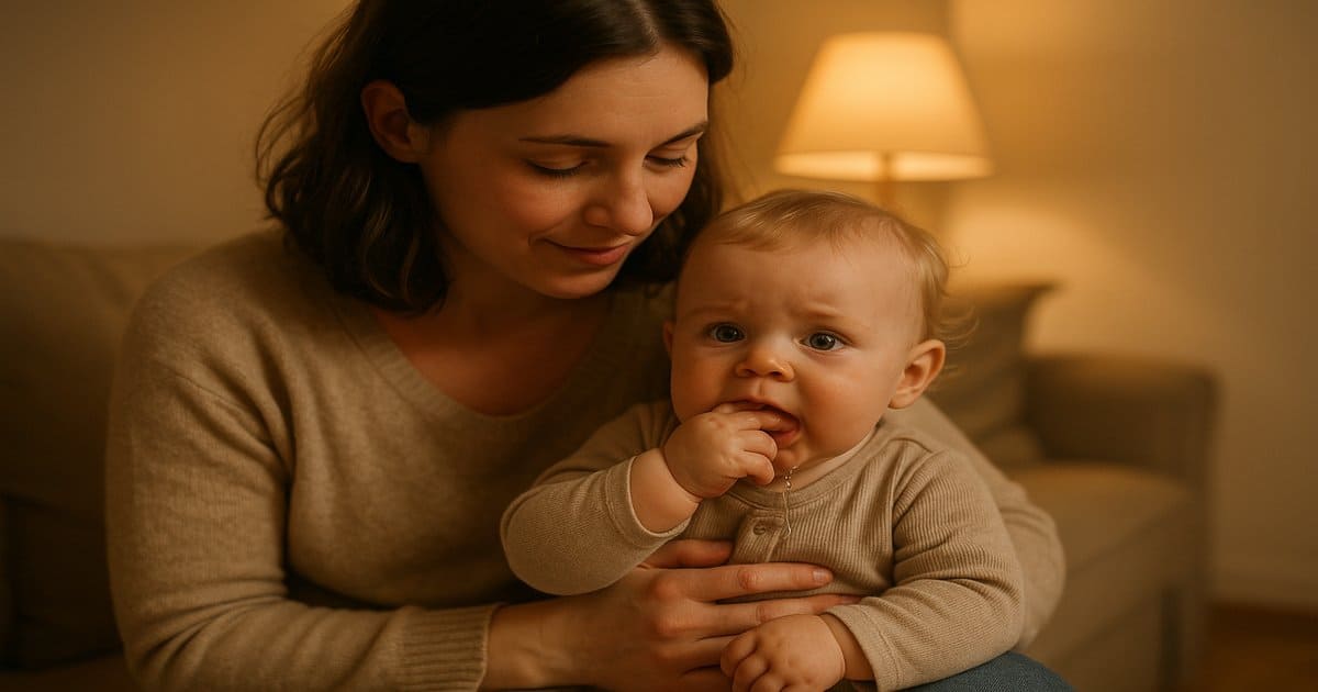 Flat lay of natural baby teething relief items: silicone teether, chamomile gel, cold fruit in net, and a loving mother's hand holding baby hand. Clean, modern, horizontal infographic style.