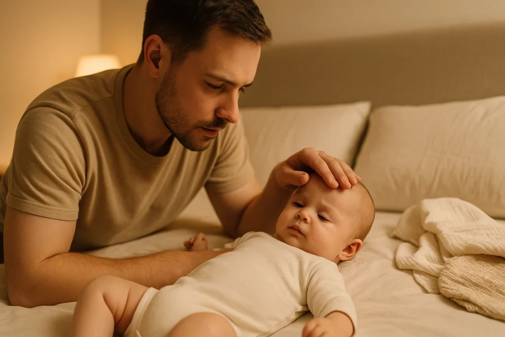 tata sprawdza temperature dziecka