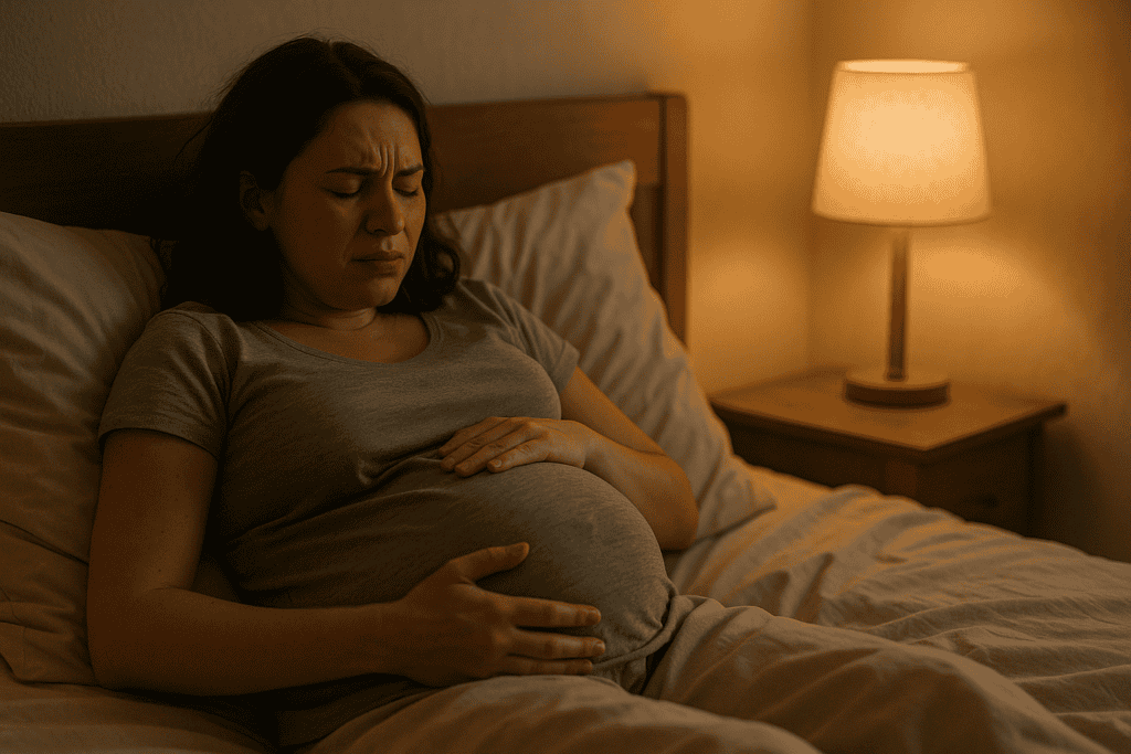 Kobieta w końcówce ciąży leżąca w łóżku w nocy, trzymająca się za brzuch – pierwsze skurcze porodowe