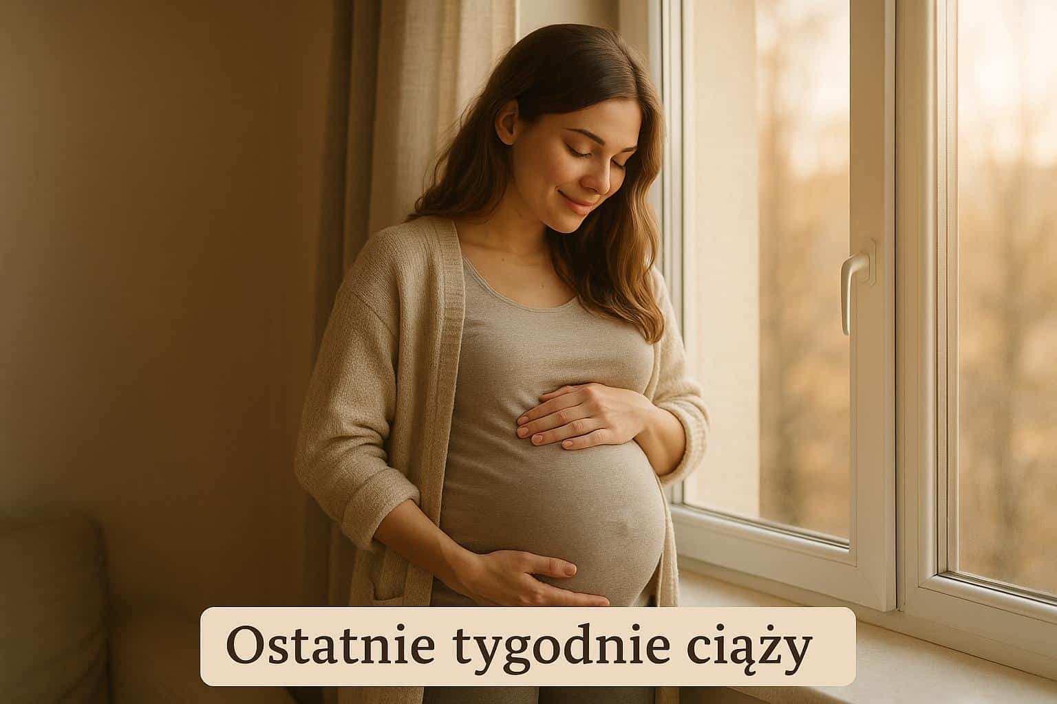 Kobieta w zaawansowanej ciąży stojąca przy oknie, trzymająca się za brzuch, w domowym otoczeniu