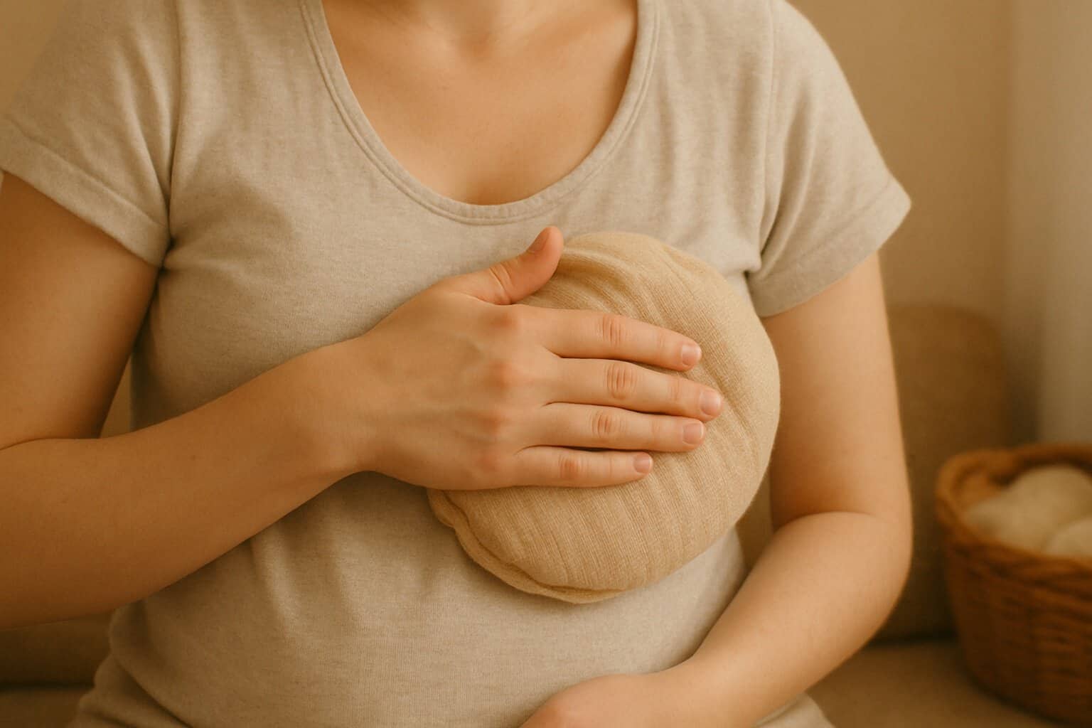 Zbliżenie dłoni mamy z ciepłym okładem na piersi