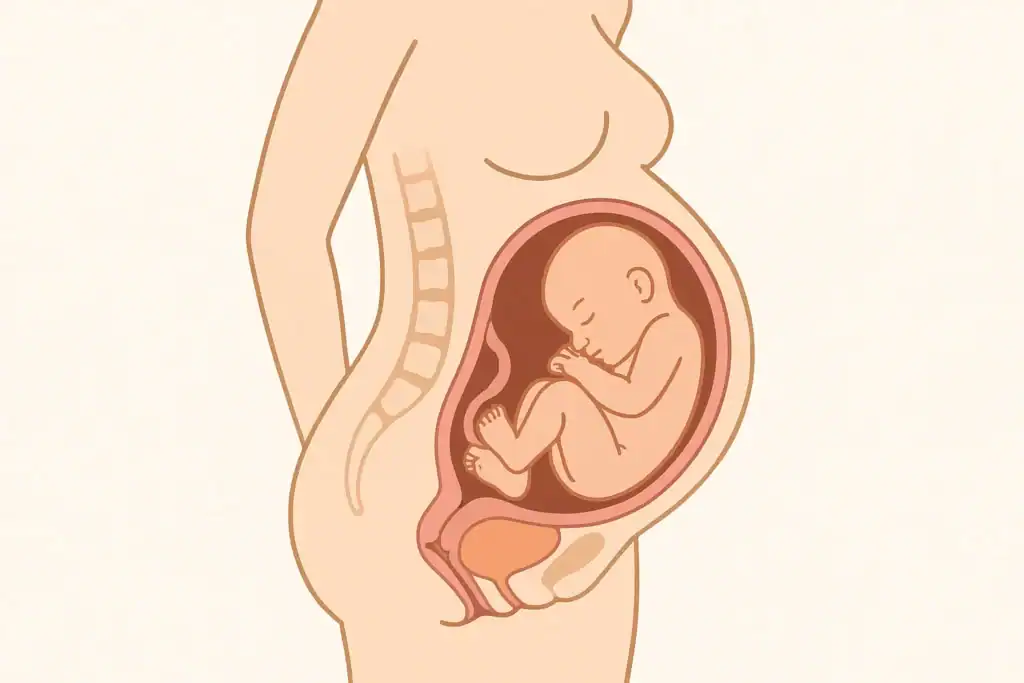 Przekrojowa ilustracja kobiecego ciała w końcówce ciąży, pokazująca ułożenie dziecka i zmiany w narządach wewnętrznych