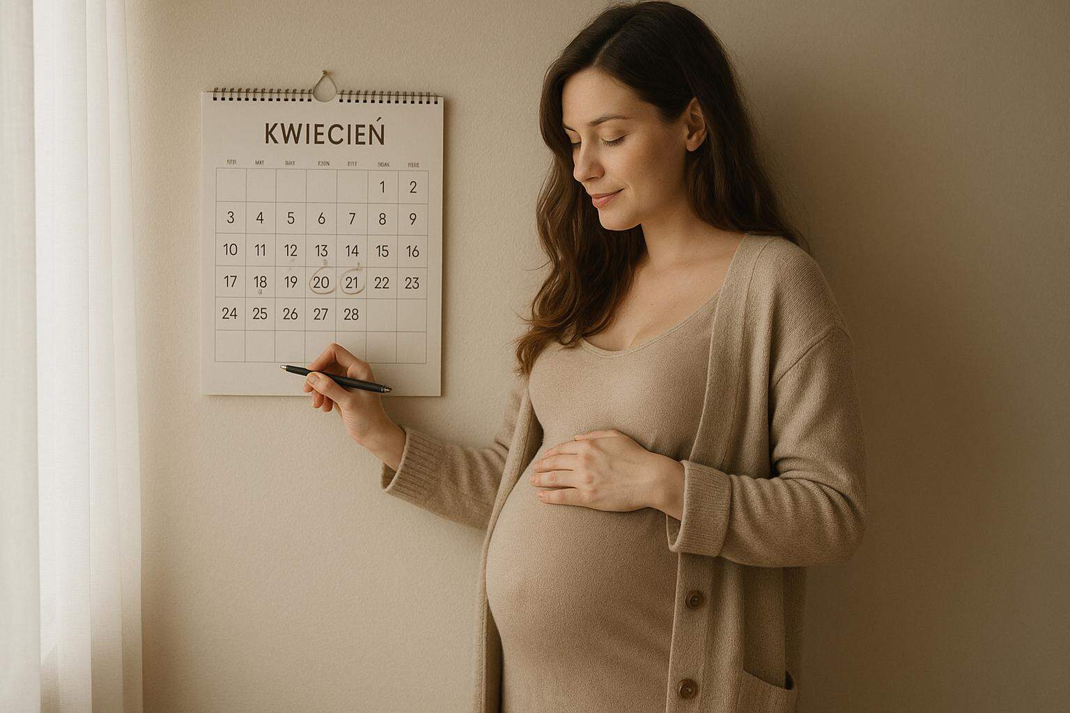 Kobieta w ciąży obserwująca kalendarz i trzymająca brzuch – planowanie porodu