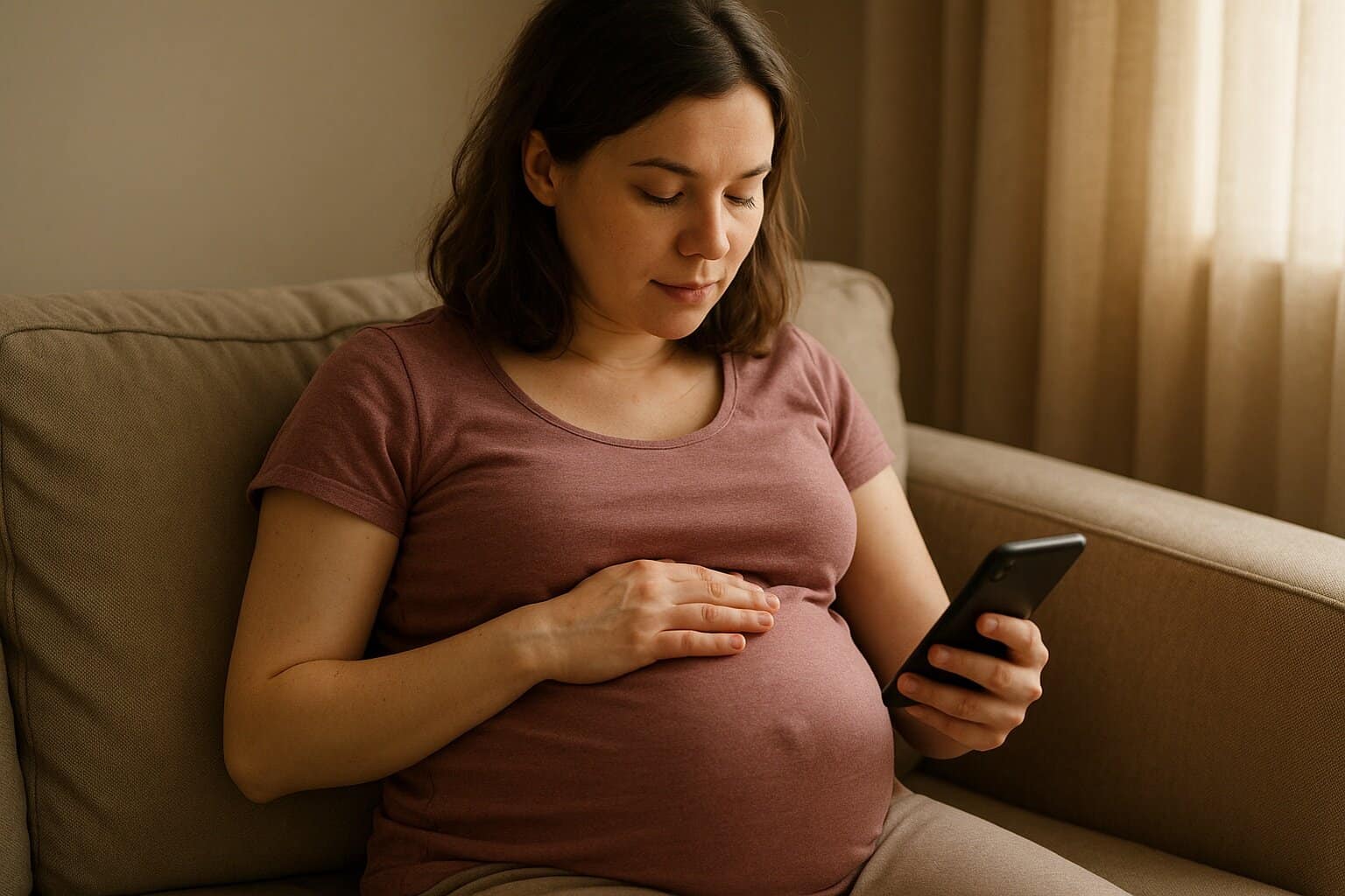 Kobieta w końcówce ciąży leżąca w łóżku w nocy, trzymająca się za brzuch – pierwsze skurcze porodowe