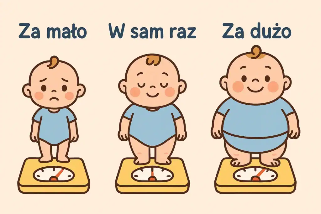 Ilustracja edukacyjna – porównanie trzech typów noworodków według masy ciała.