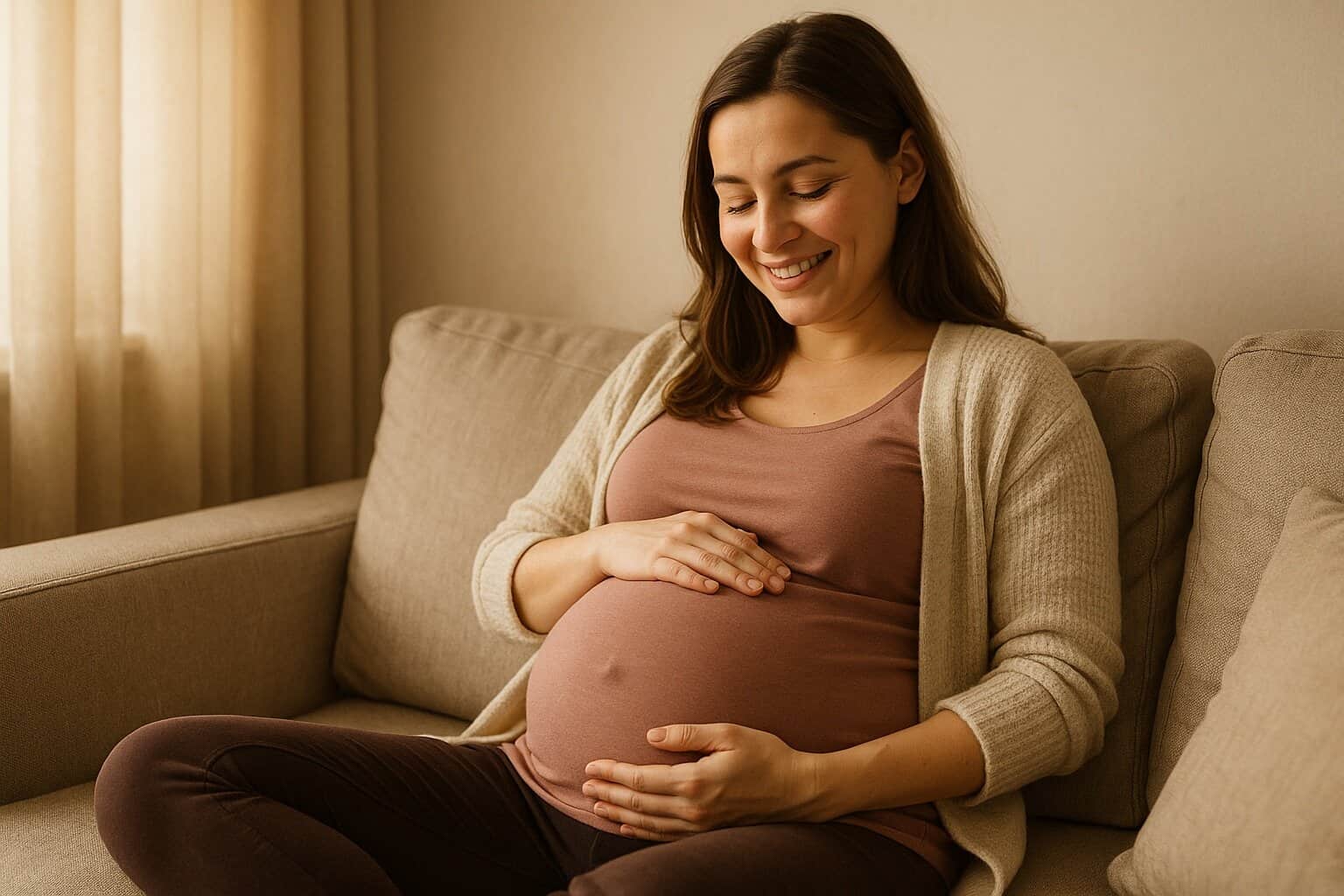 Kobieta w ciąży dotykająca brzucha – kiedy czuć pierwsze ruchy dziecka