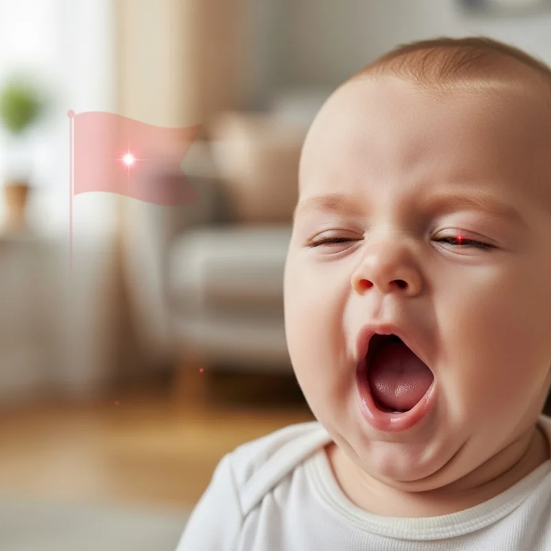 ziewające niemowlę z narysowaną czerwoną flagą obok 