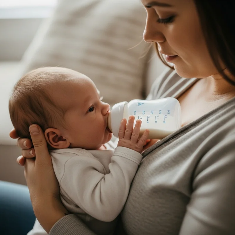 mama patrząca z miłością na niemowle karmiącje z butelki