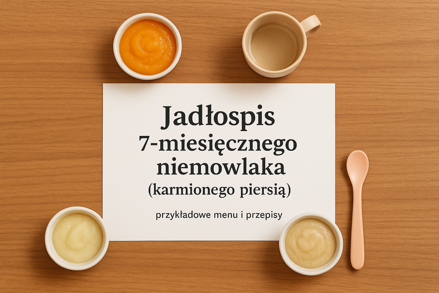 Jadłospis 7-miesięcznego niemowlaka karmionego piersią – wyśrodkowana okładka z miseczkami przecierów i akcesoriami do karmienia.