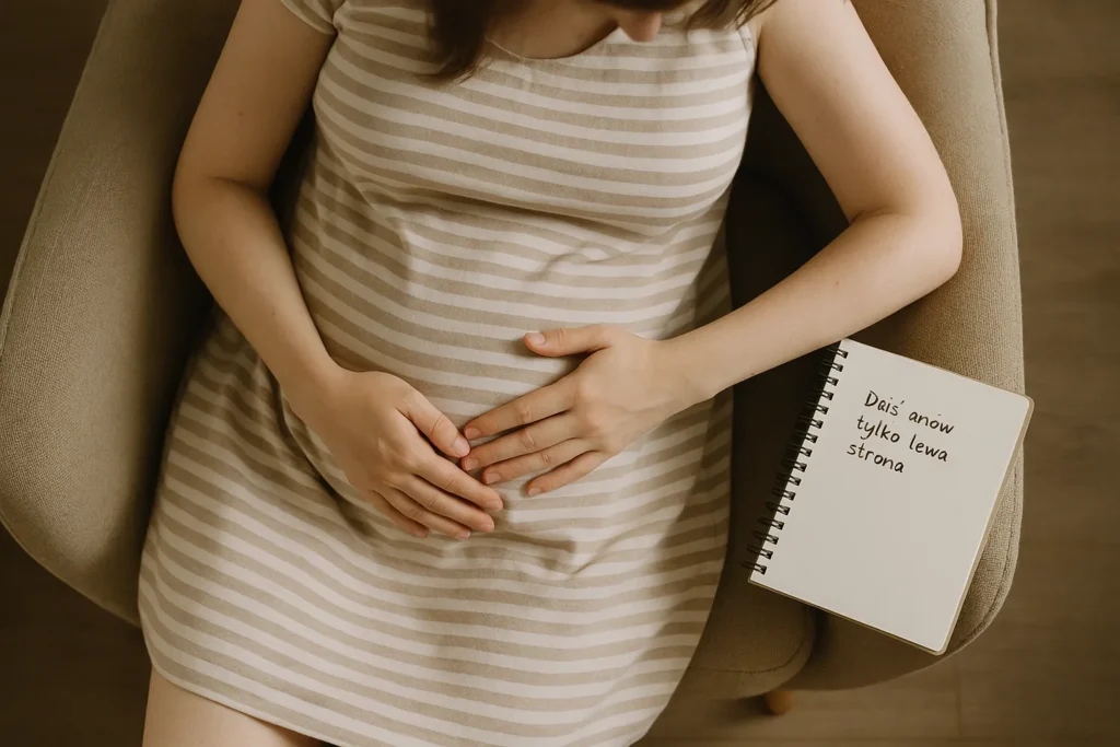 Widok z góry na ciężarną kobietę, notującą ruchy dziecka wyczuwane po jednej stronie brzucha