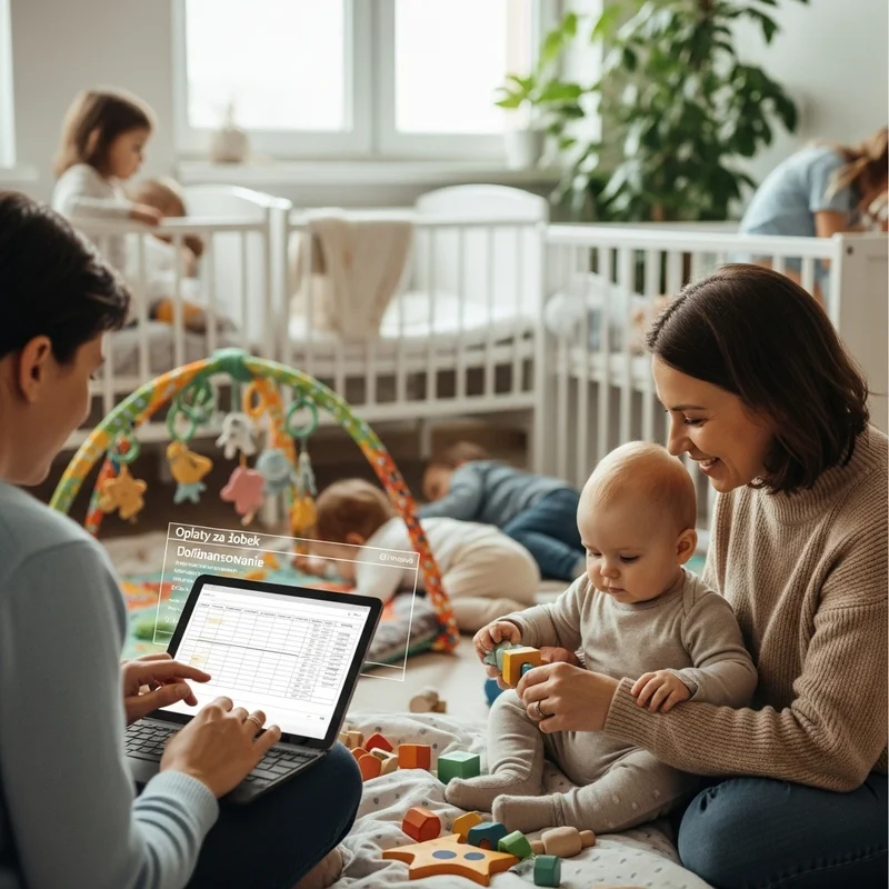 ojciec sprawdzający koszty żłobka a mama bawi się z dzieckiem w żłobku sprawdzając jak się niemowle czuje