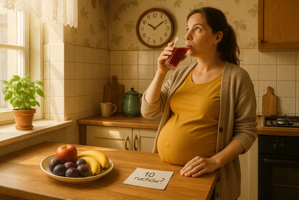 Ciężarna kobieta obserwująca godzinę i notująca liczbę ruchów dziecka w kuchni