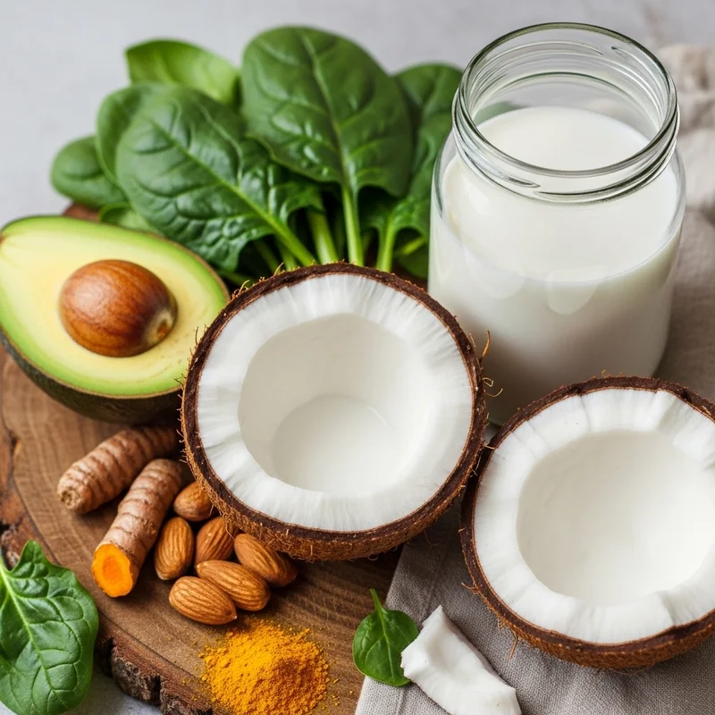 otwarty kokos przy słoiku z mlekiem kokosowym