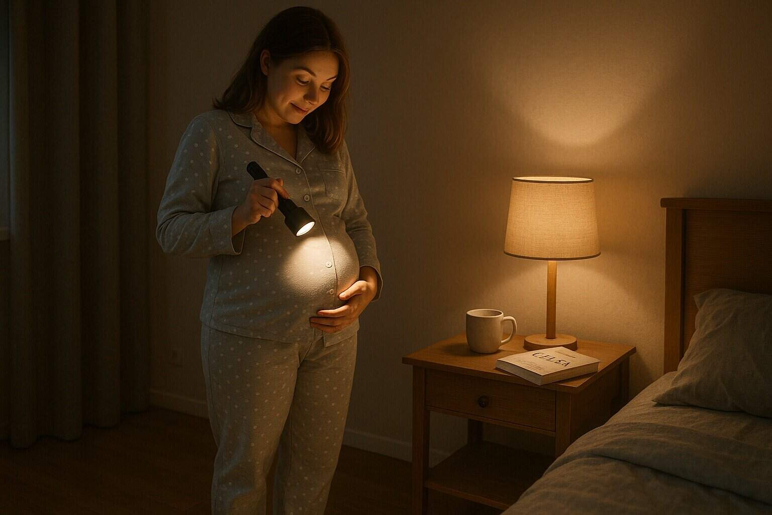 Zaciekawiona kobieta w ciąży oświetla swój brzuch latarką, próbując odróżnić ruchy dziecka od skurczów – wieczorne wnętrze, intymna atmosfera