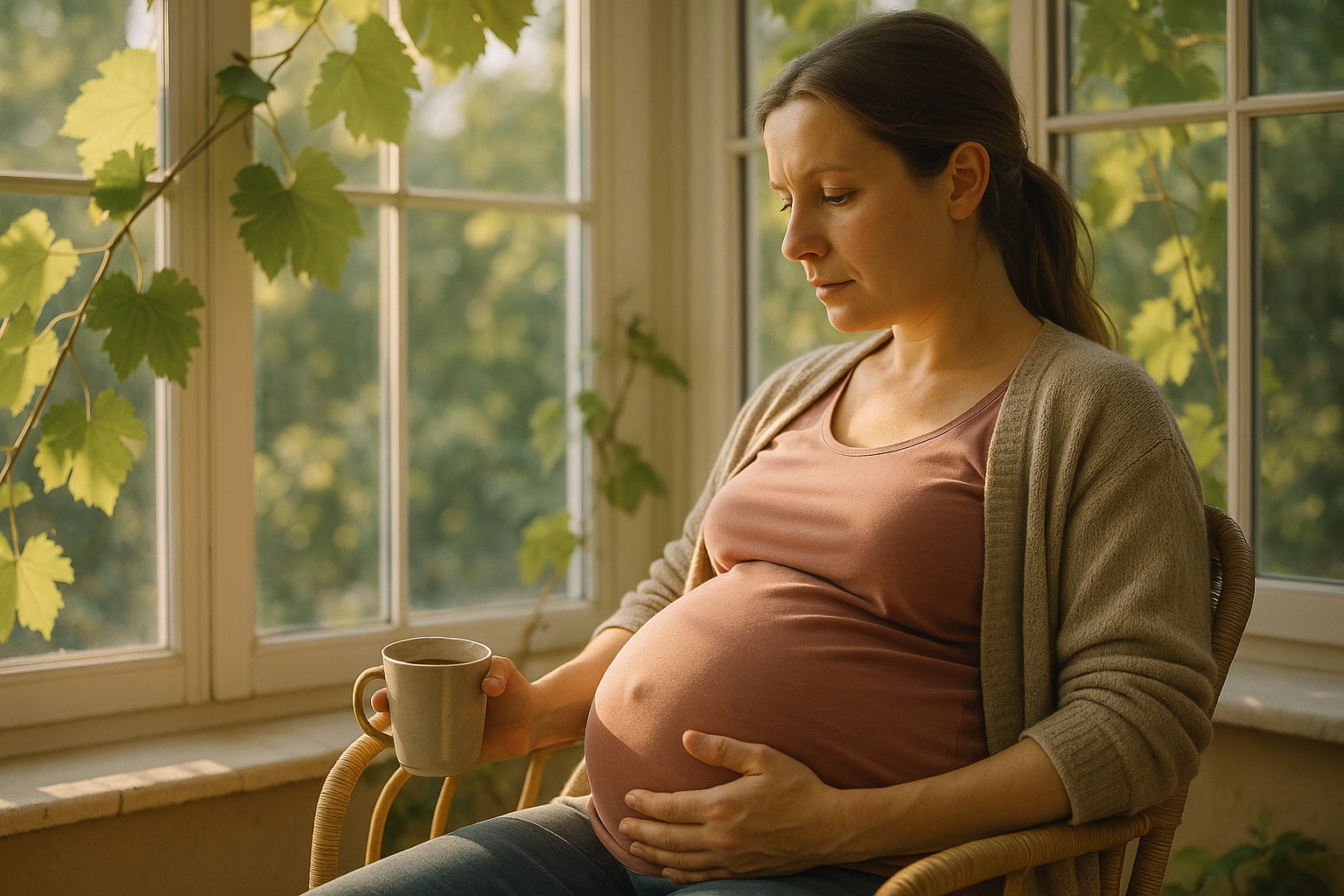 Ciężarna kobieta wsłuchująca się w ruchy dziecka w 9. miesiącu ciąży – spokojny poranek w ogrodzie zimowym