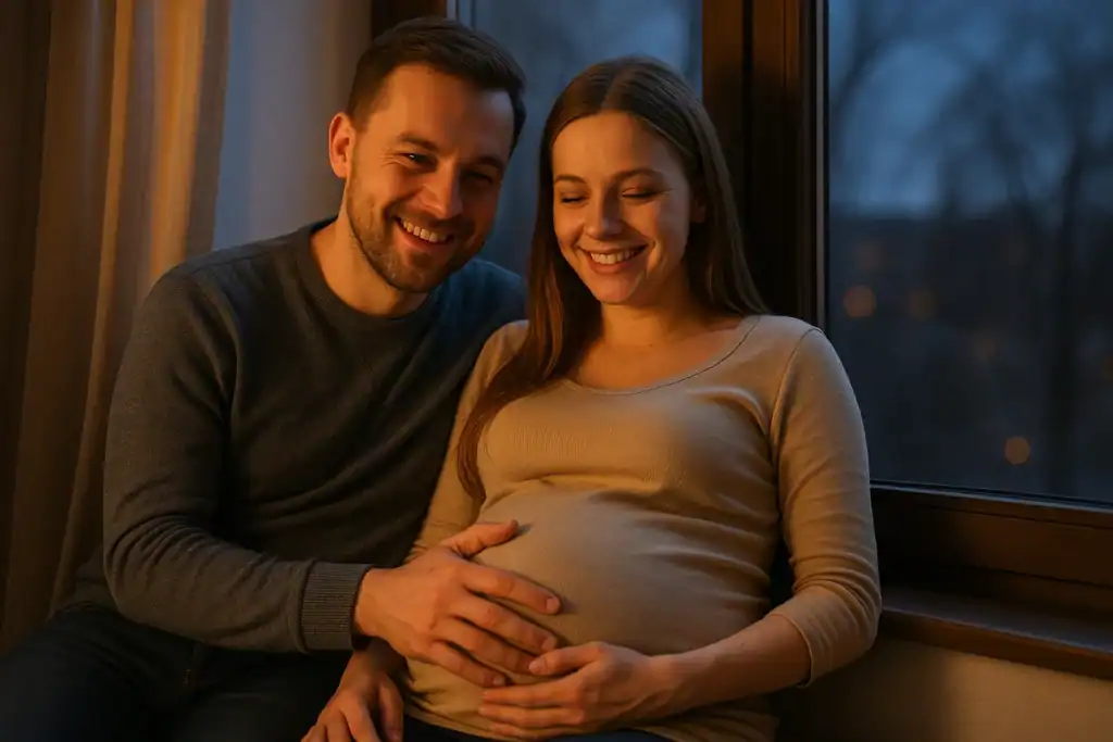 Tata czujący ruchy dziecka przez brzuch partnerki – wspólne przeżywanie ciąży