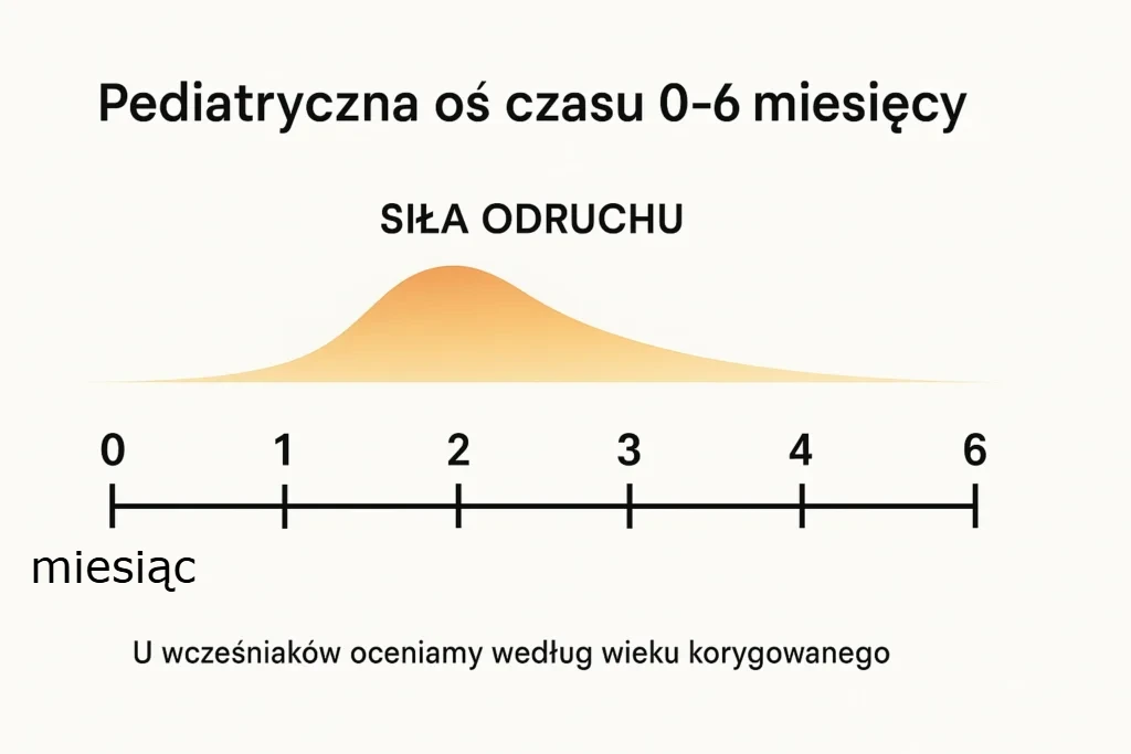 Infografika: kiedy odruch chwytny jest najsilniejszy i kiedy zanika; uwzględnienie wieku korygowanego.