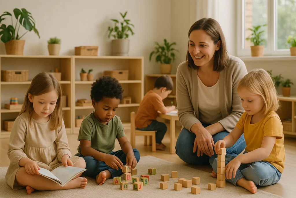 czytająca dziewczynka wsród bawiących się dzieci