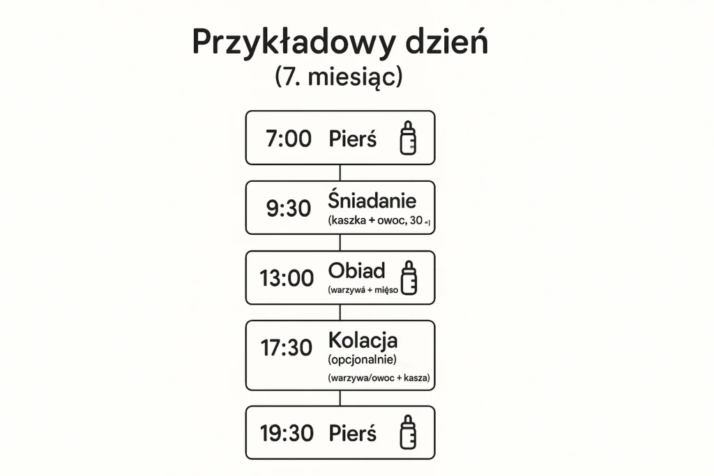 Przykładowy dzień żywienia 7-miesięcznego niemowlaka – godziny posiłków stałych i karmienia piersią, wyśrodkowana infografika